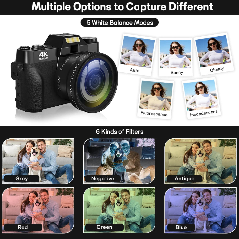 Compact Digital Photography Camera WIFI Flip Screen Wide Angle Lens