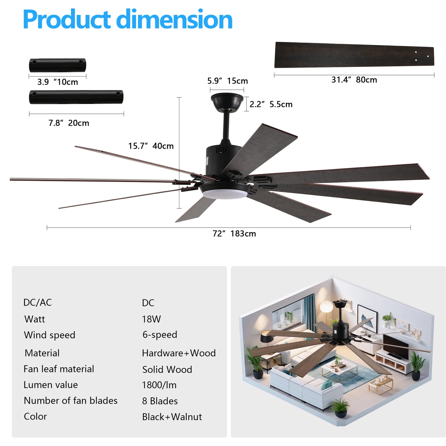 Walnut LED Ceiling Fan Light Remote Control, Dimmable & Adjustable