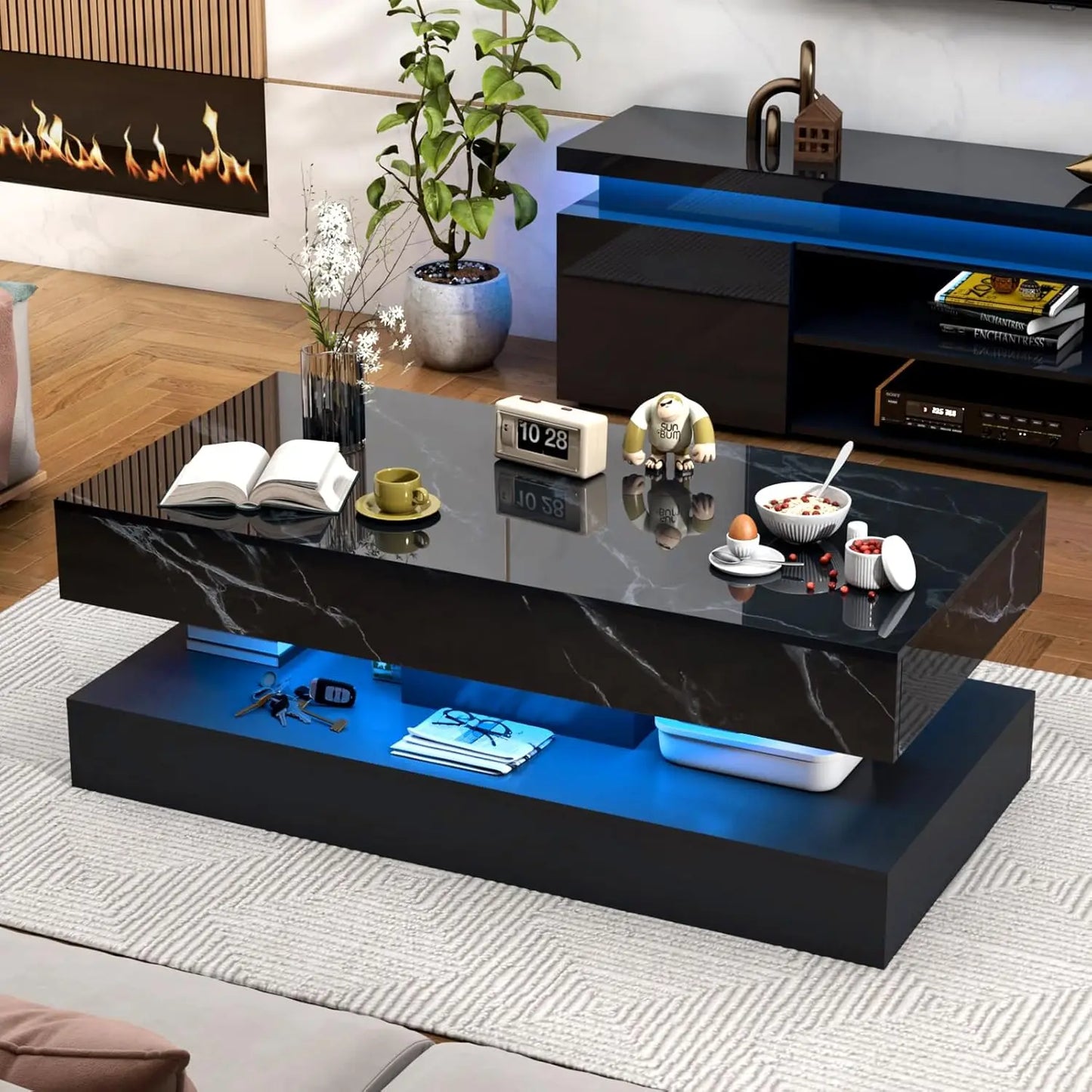 LED Coffee Table with 2 Sliding Drawers with Marbling Print