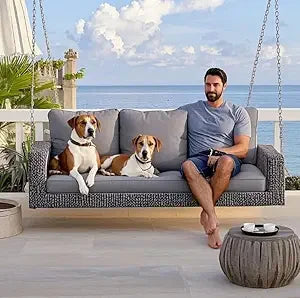 Acacia Wood Porch Swing with Hemp Rope, Twin Size