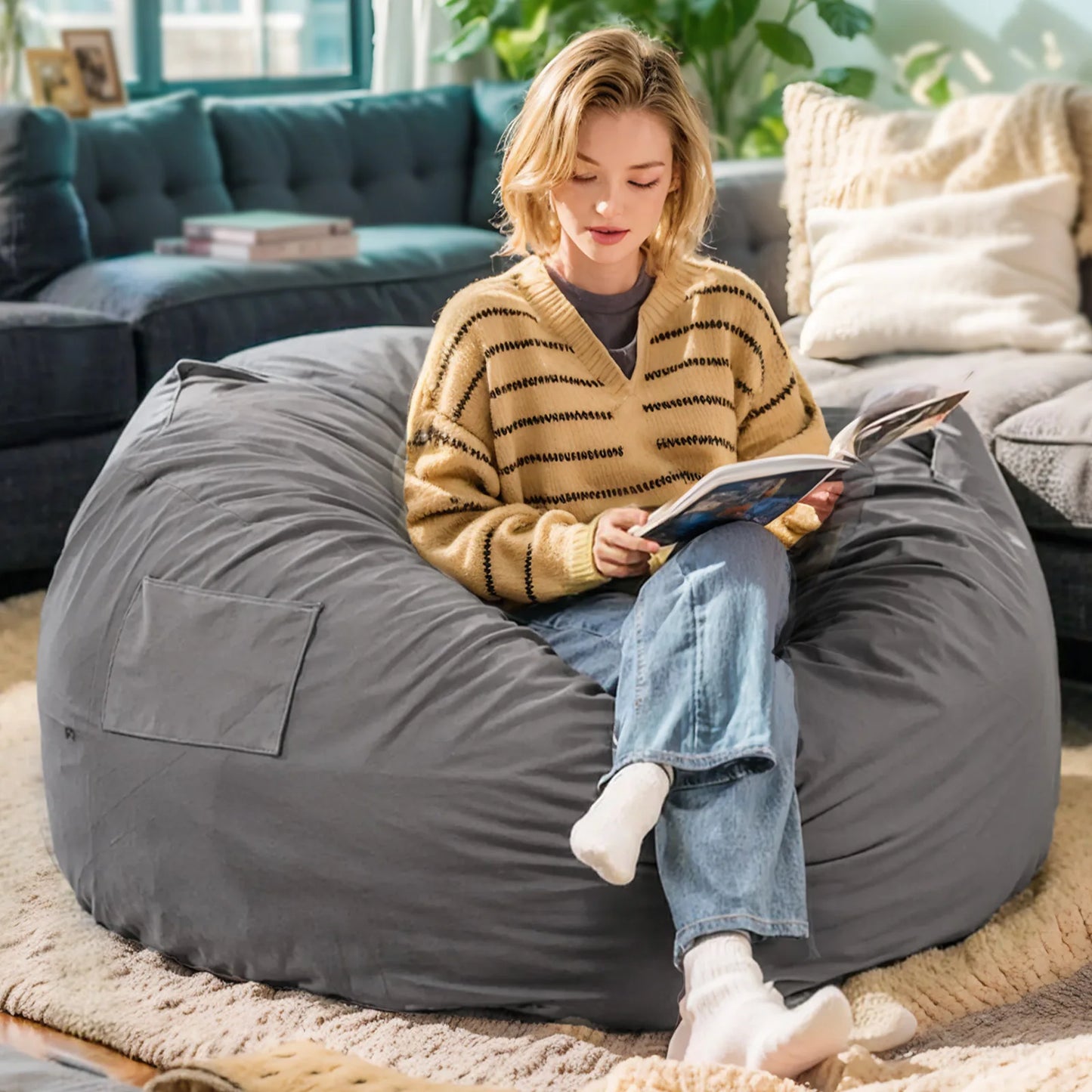 Oversized 3/4FT Bean Bag Chair Foam Filled with Removable Cover