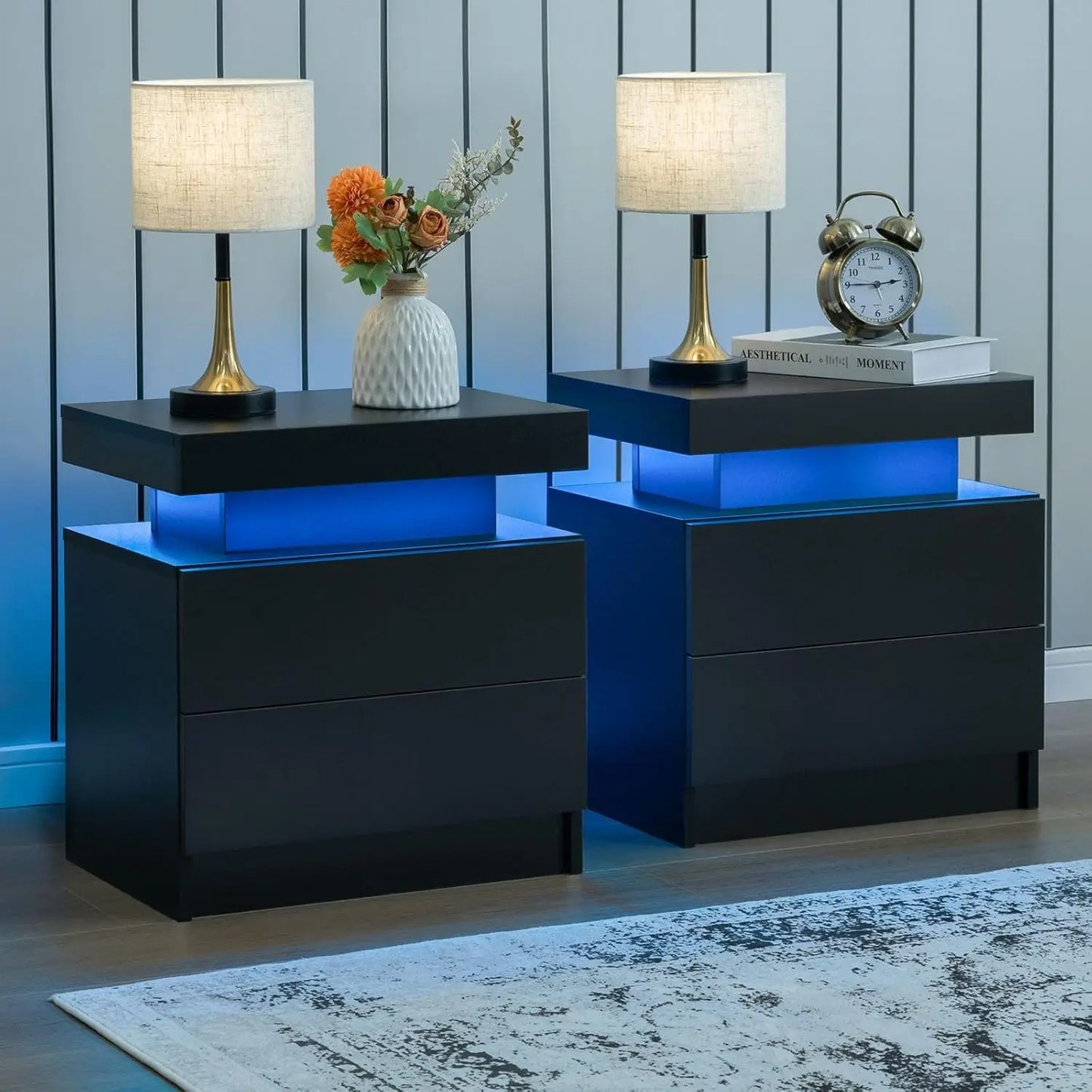 Nightstand Set of 2 LED Nightstand with 2 Drawers Each