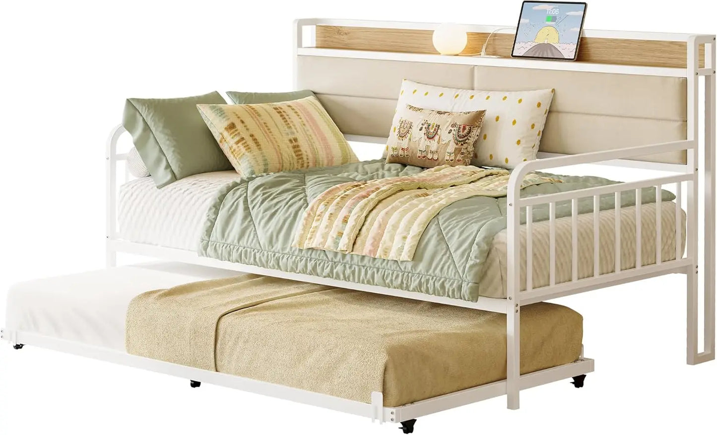 Daybed with Trundle, with Upholstered Headboard and Charging Station
