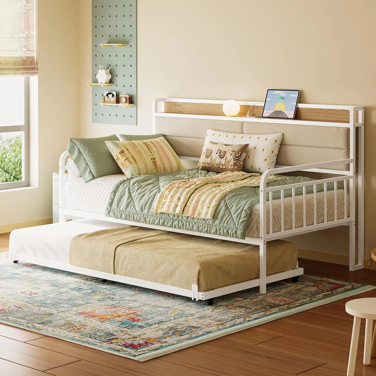Daybed with Trundle, with Upholstered Headboard and Charging Station