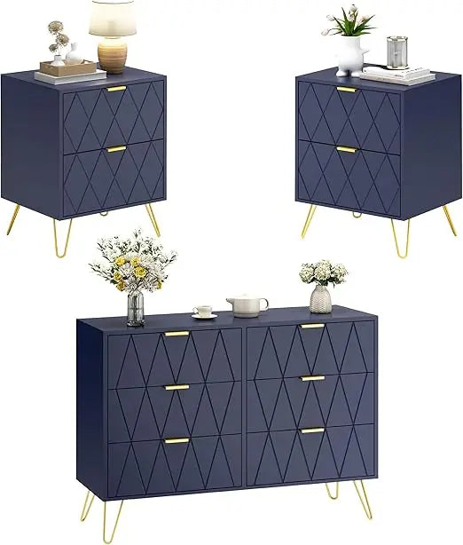 3 Pcs Bedroom Sets, 6 Drawer Dresser and Night Stands