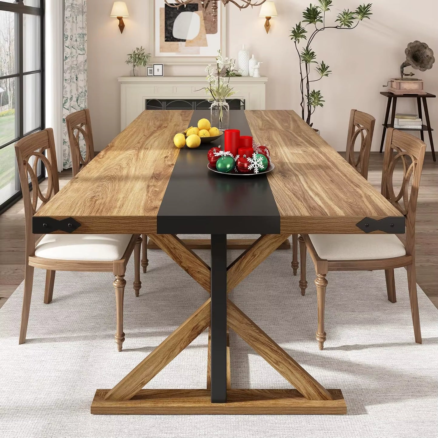 Rectangular Kitchen Farmhouse Table W/Thickness Waterproof Wood Tabletop