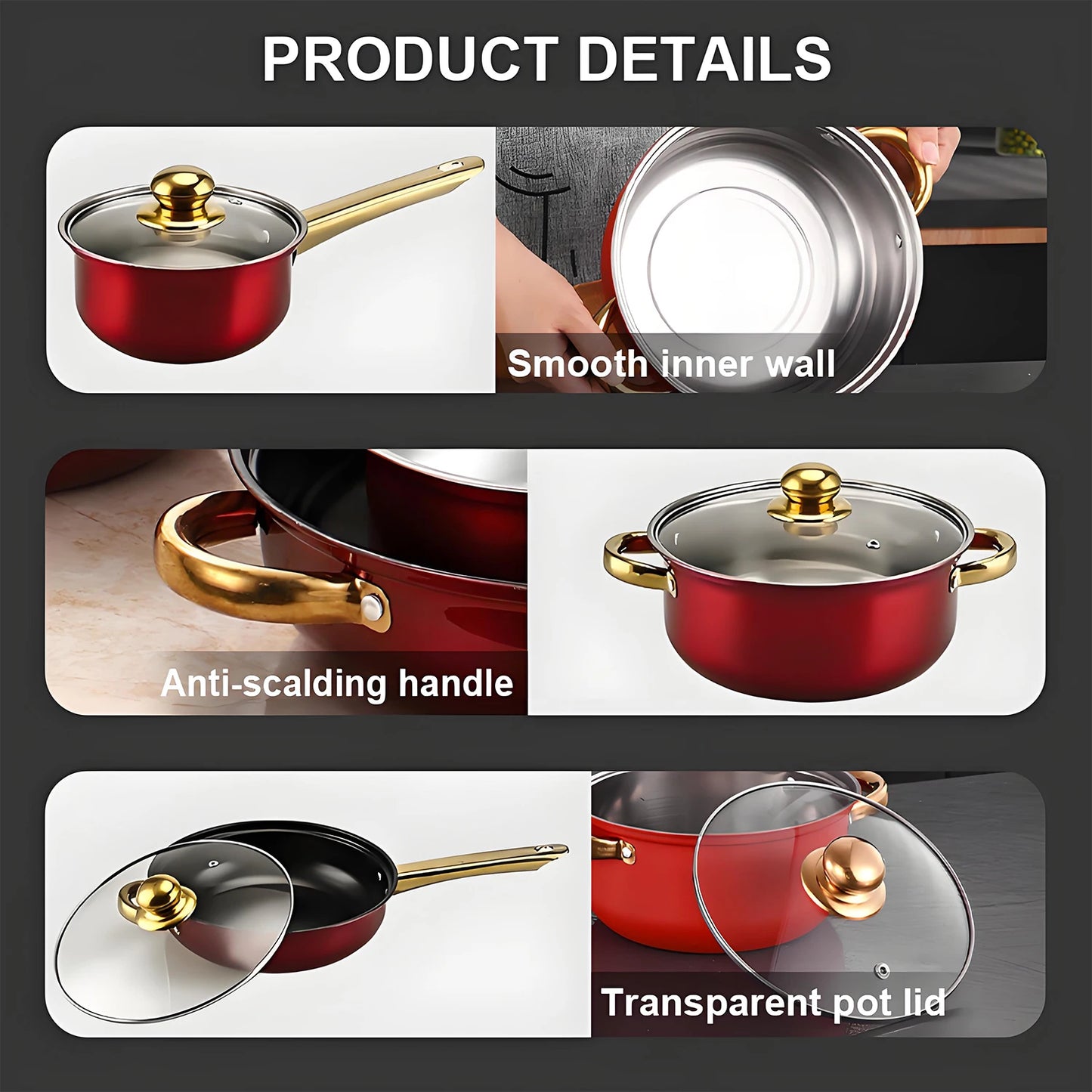 Red Cookware Set, 12-Piece ,Stainless Steel, Non-Stick, Kitchen Cookware Collection