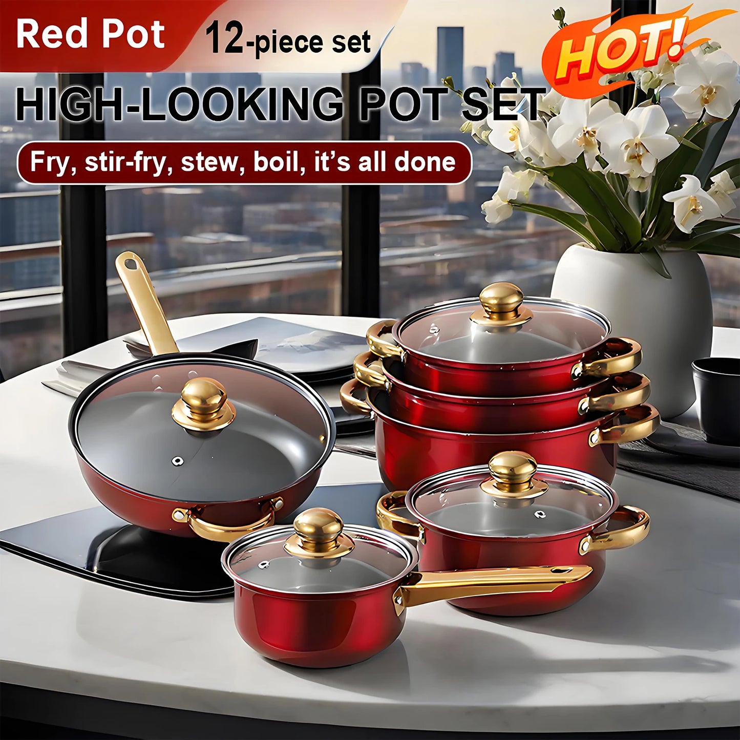 Red Cookware Set, 12-Piece ,Stainless Steel, Non-Stick, Kitchen Cookware Collection