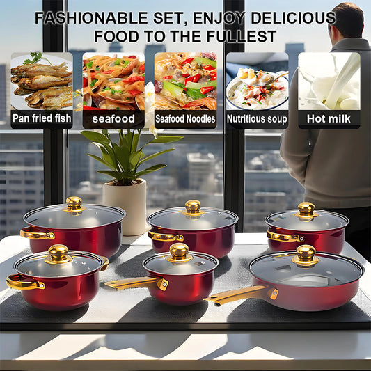 Red Cookware Set, 12-Piece ,Stainless Steel, Non-Stick, Kitchen Cookware Collection