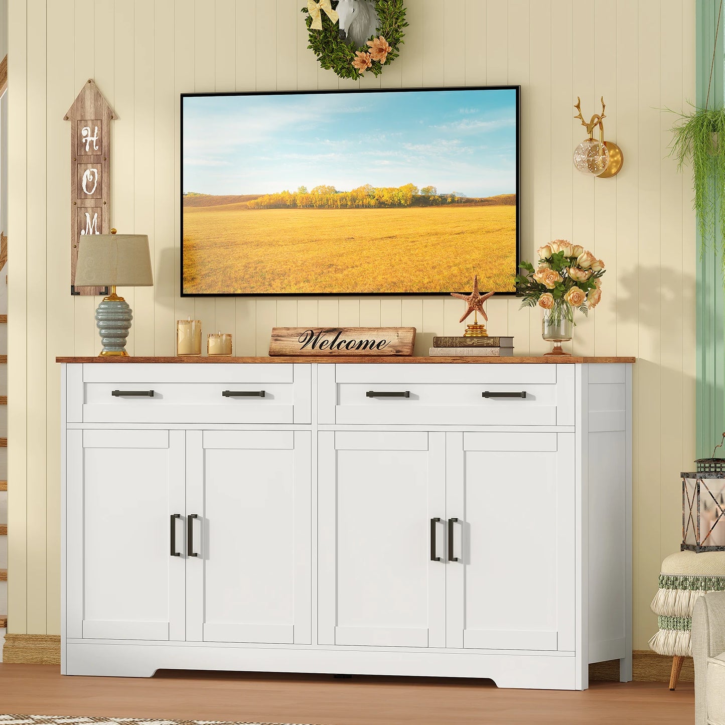 Buffet Cabinet with 2 Drawers, and 2 Adjustable Shelves with 4 Doors