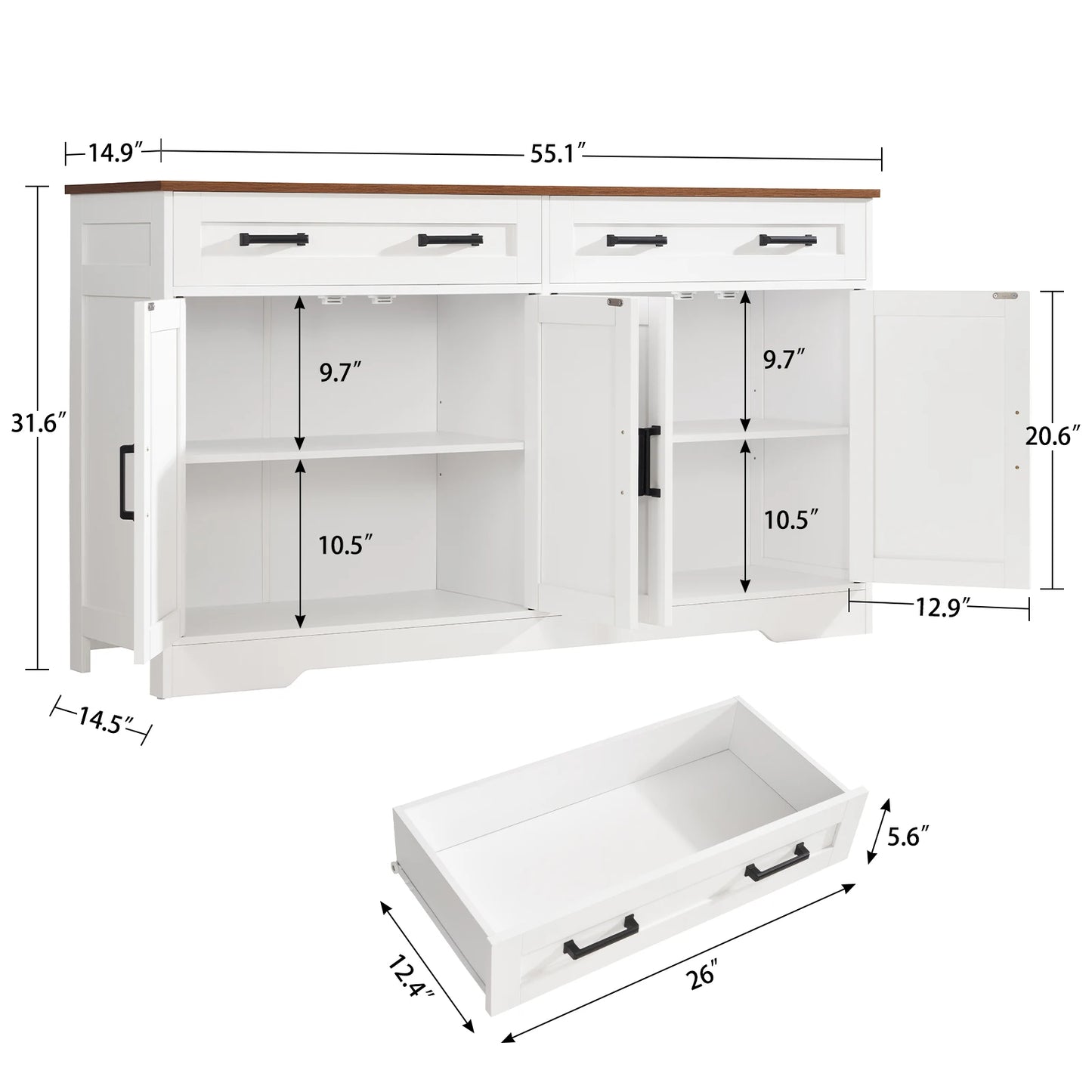 Buffet Cabinet with 2 Drawers, and 2 Adjustable Shelves with 4 Doors