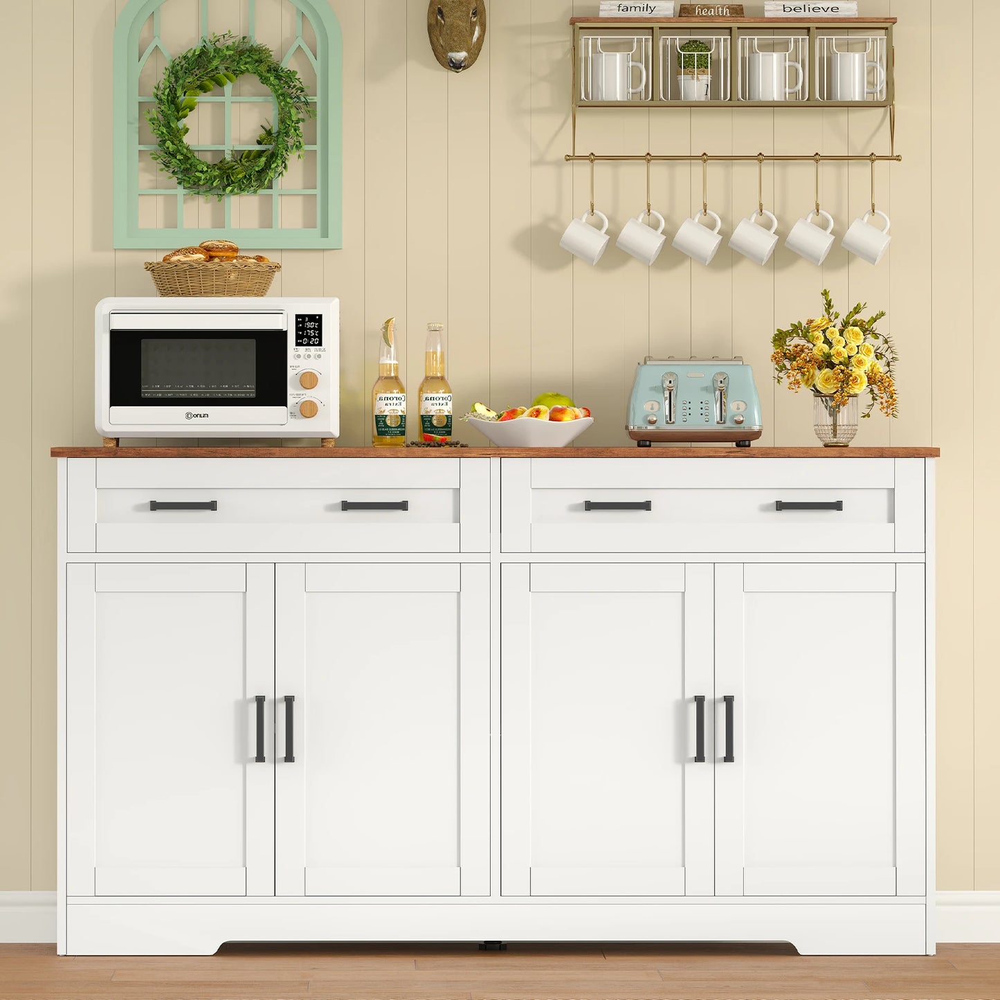 Buffet Cabinet with 2 Drawers, and 2 Adjustable Shelves with 4 Doors