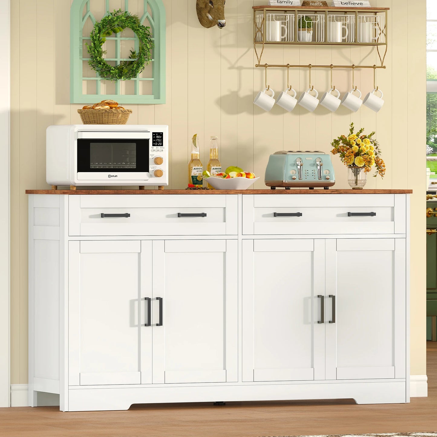Buffet Cabinet with 2 Drawers, and 2 Adjustable Shelves with 4 Doors