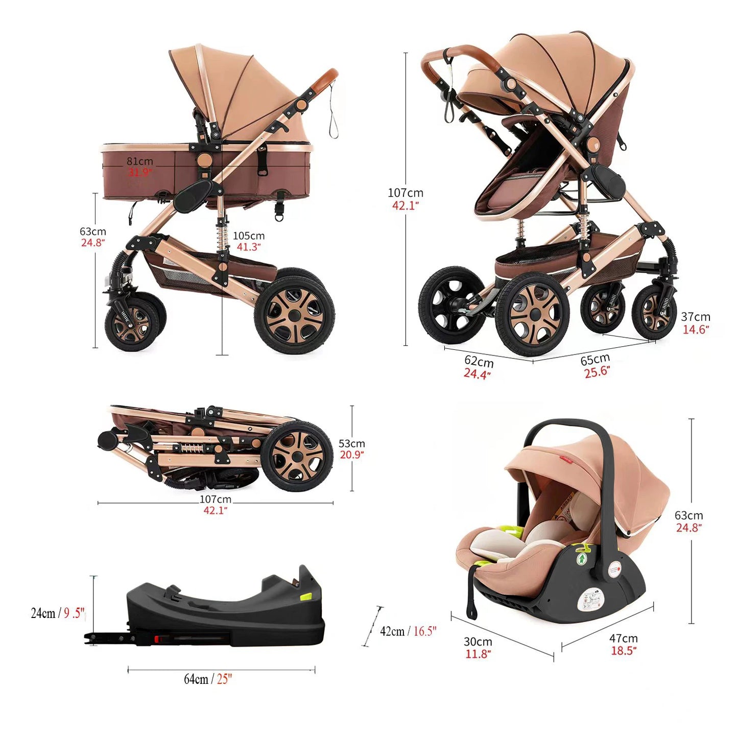 Baby Stroller Combo Car Seat -  with Carry Cot Foldable Reversible Pram