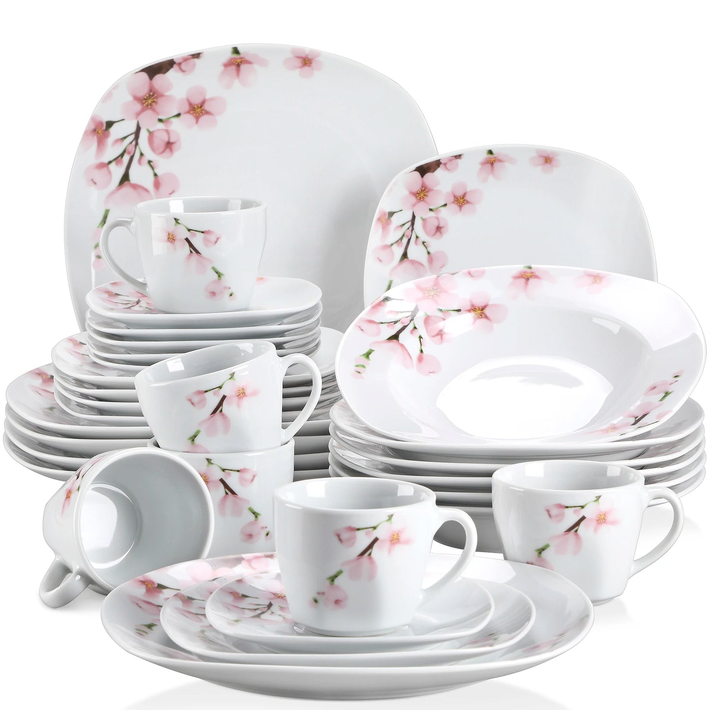 60-Piece White Ceramic Pink Floral Porcelain Plate Set for 12