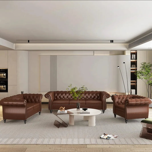 3-Piece Chesterfield Leather Sofa Set with Scroll Arms & Nailhead Trim