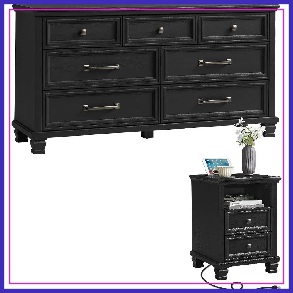 Farmhouse 7 Drawer Dresser & Nightstand Set, Black