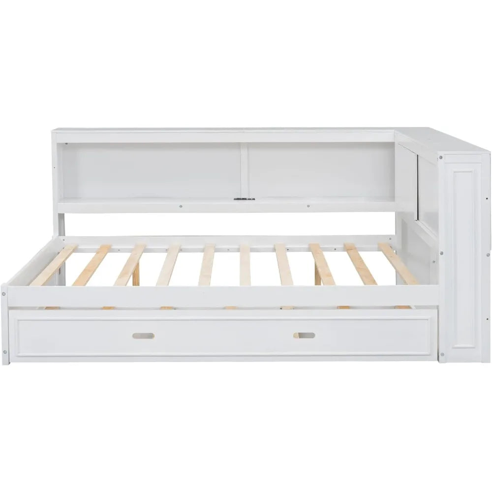 Full Size Daybed with Trundle and Storage Bookcase with LED Lights & USB Ports