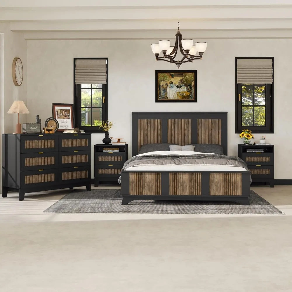 4 Piece Queen Bedroom Set,  Platform Bed with Wooden Strip Stickers