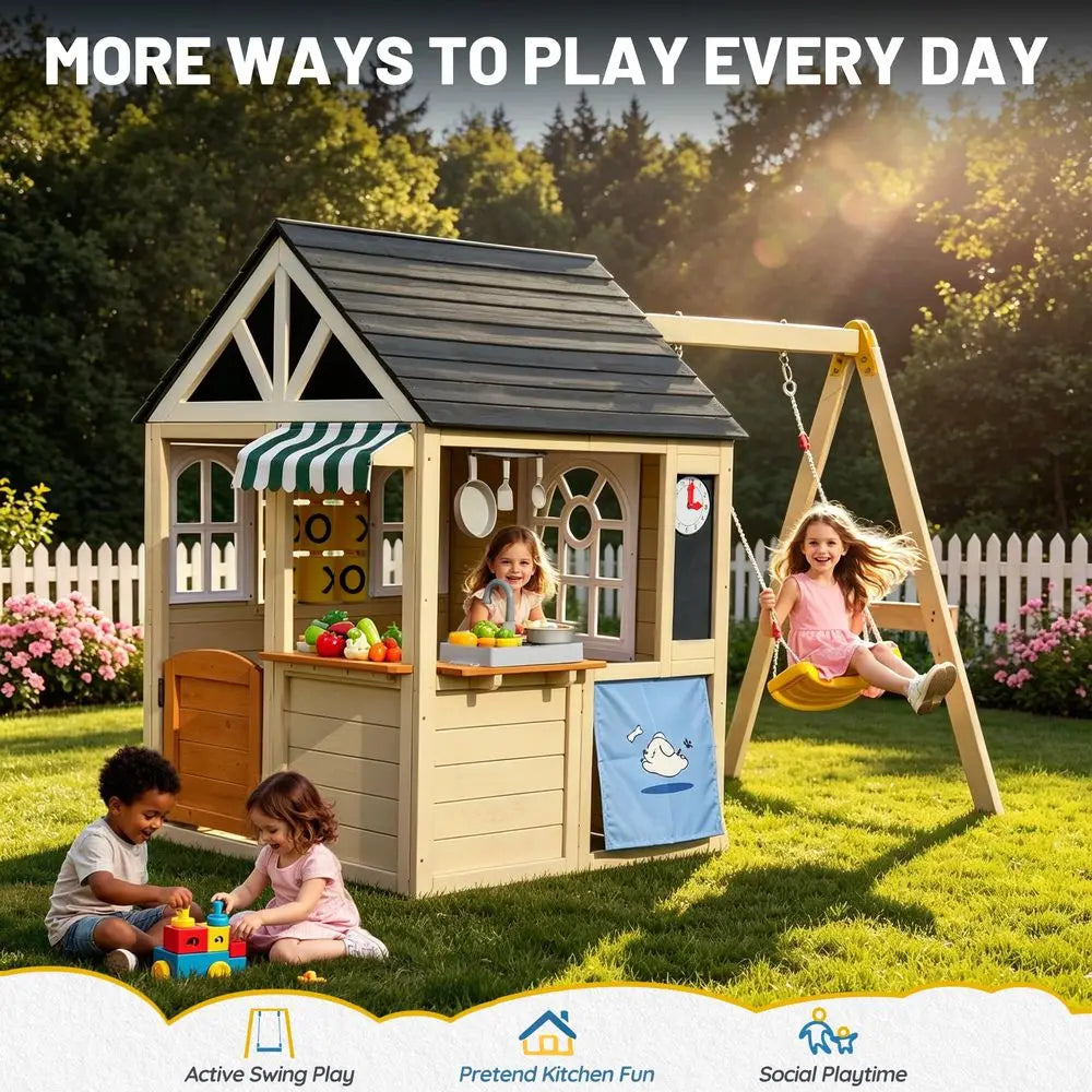 Playhouse with Swing Set for Kids, Cedar Wood Outdoor Playset
