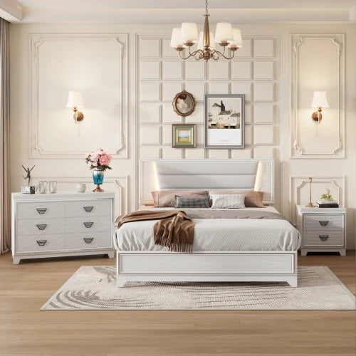 3-Pieces Bedroom Sets Queen Size  Bed with LED Lights, Nightstands and Dresser