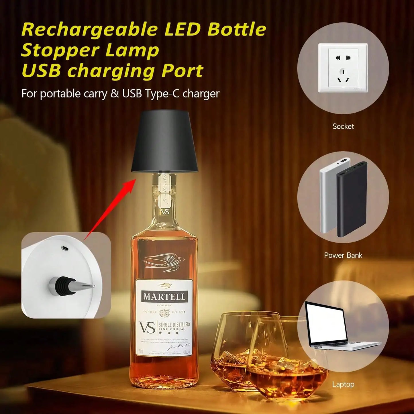 Rechargeable Wireless LED Wine Bottle Lamp Touch Dimming Cordless Lampshade