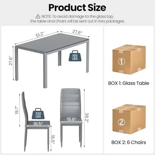 7-Piece Dining Set for 6, Glass Table & Leather Chairs
