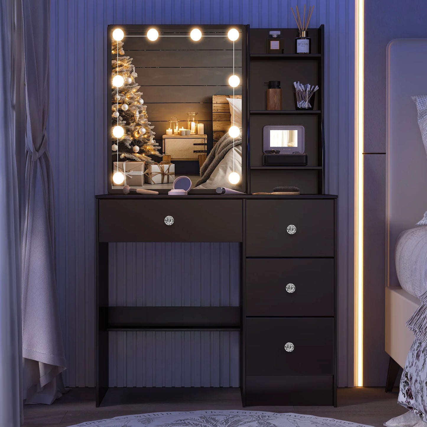 LED Vanity Set, 3 Light Modes Mirror, 4 Drawers & Stool