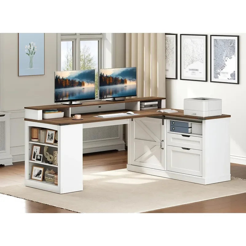 Executive Corner Computer Desk with File Cabinet, Monitor Stand, and Power