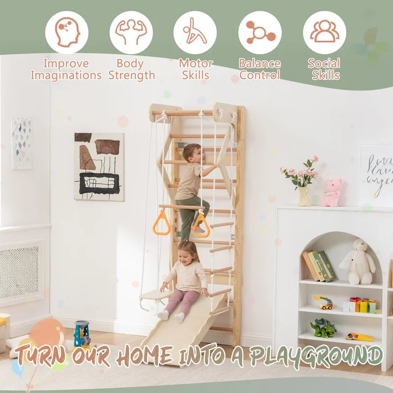 Swedish Ladder Wall Gym with Swing, Rope Ladder, Pull-Up Bar
