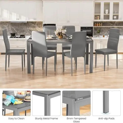 7-Piece Dining Set for 6, Glass Table & Leather Chairs