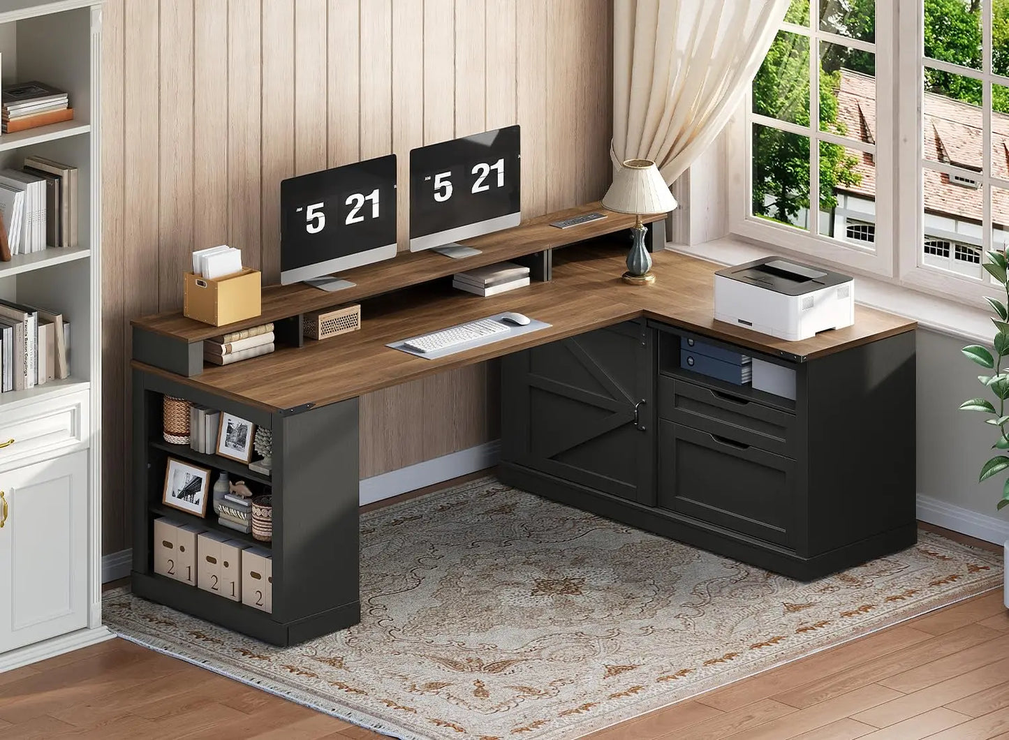 Executive Corner Computer Desk with File Cabinet, Monitor Stand, and Power