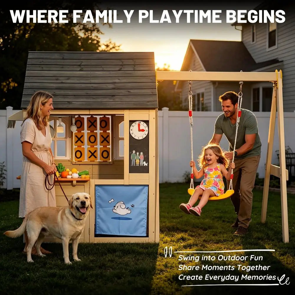 Playhouse with Swing Set for Kids, Cedar Wood Outdoor Playset