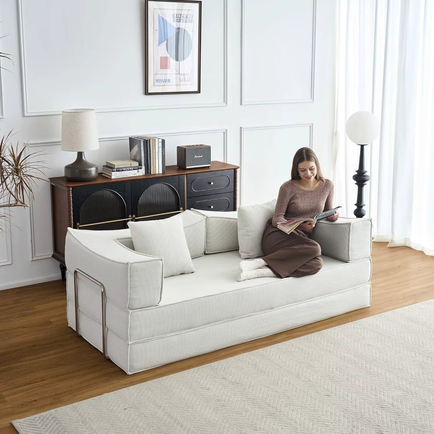 Convertible Sofa Bed with Pillows, Corduroy with Fixed-Shape Frame