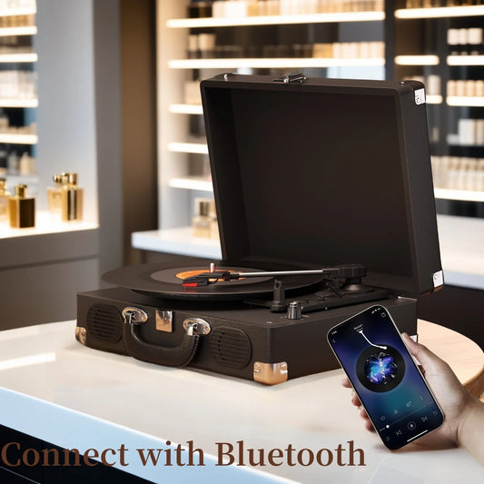 Vintage gramophone device with turntable, high-fidelity stereo, built-in speaker, 3-speed