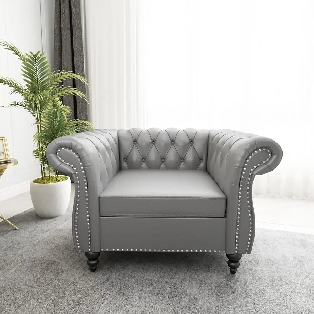 2-Piece Set: Chesterfield Leather Sofa with Scroll Arms and Nailhead Trim