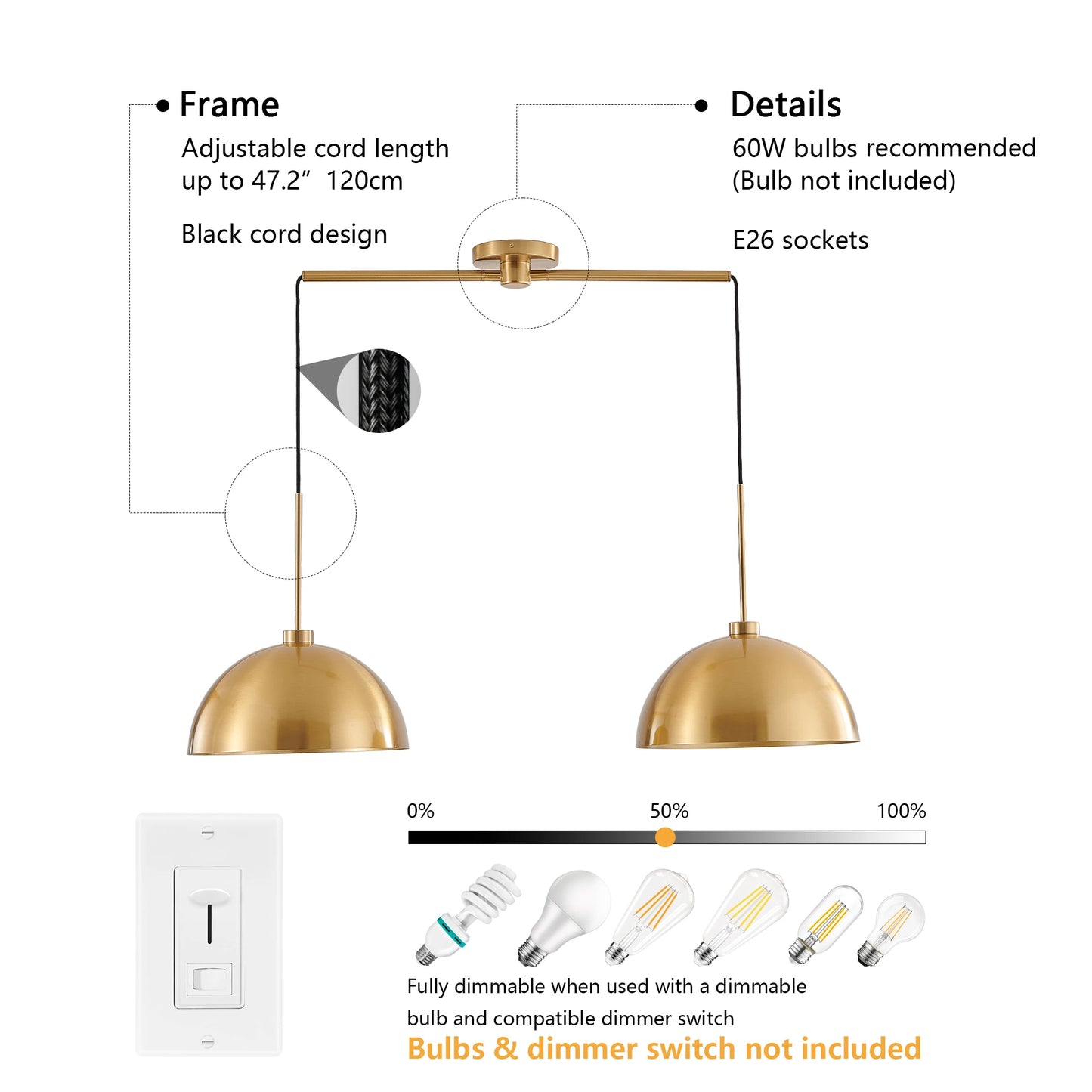 Copper Color Double Pendant Light， Adjustable Ceiling Hanging Lamp