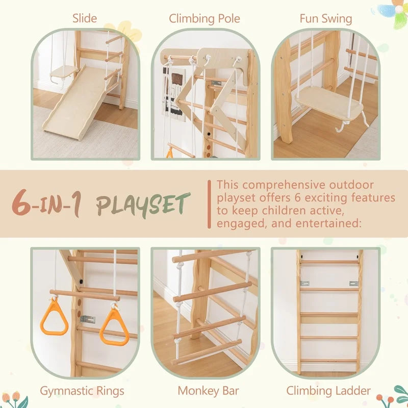 Swedish Ladder Wall Gym with Swing, Rope Ladder, Pull-Up Bar