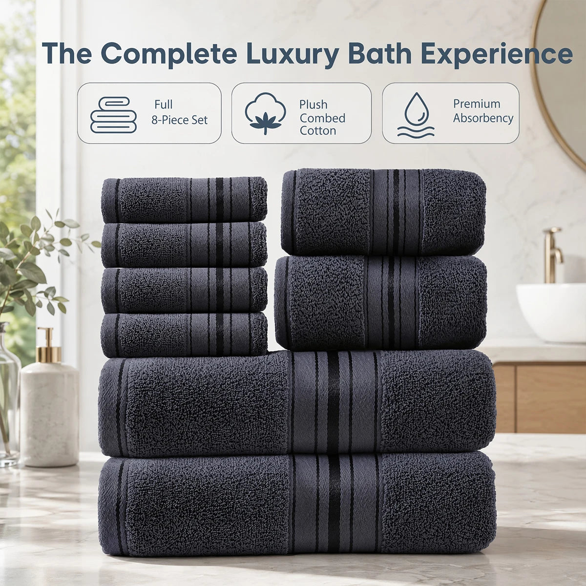 8 Piece Luxury Towel Set –  Plush, Super Absorbent   100%  Cotton