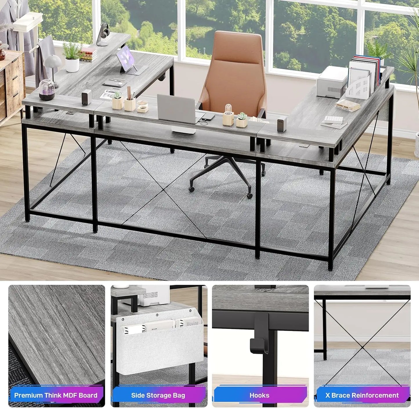 U Shaped Gaming Desk with 2 Power Outlet Adjustable LED Light
