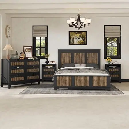 4 Piece Queen Bedroom Set,  Platform Bed with Wooden Strip Stickers