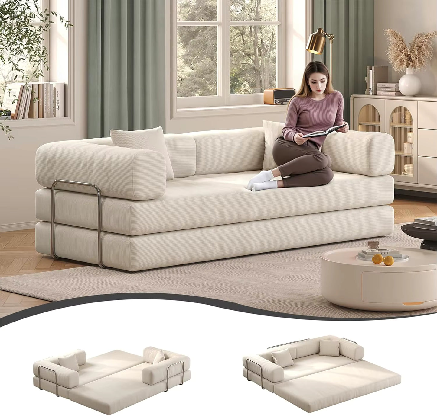 Convertible Sofa Bed with Pillows, Corduroy with Fixed-Shape Frame
