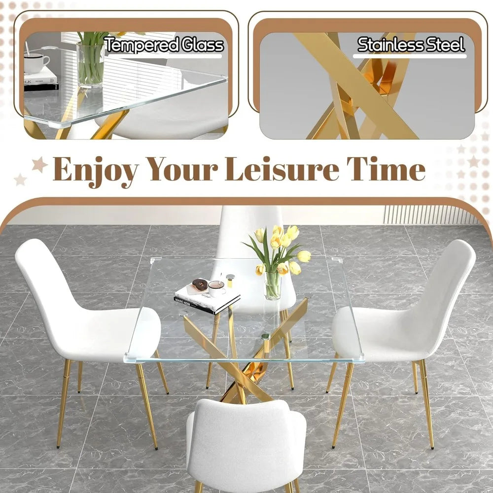 Glass Dining Table Set for 4, 5-Piece Square Gold Kitchen Table Set with 4 White Upholstered Chair, Tempered Glass Dining Room T