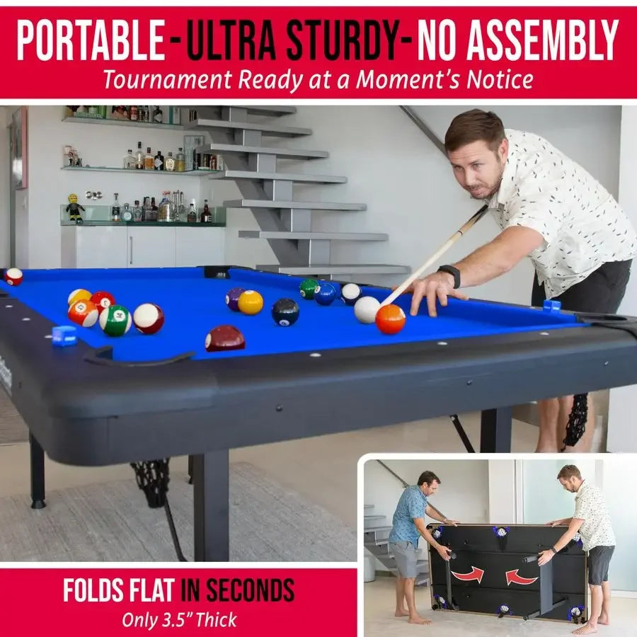 Portable Pool Table Includes Full Set of Balls, 2 Cue Sticks