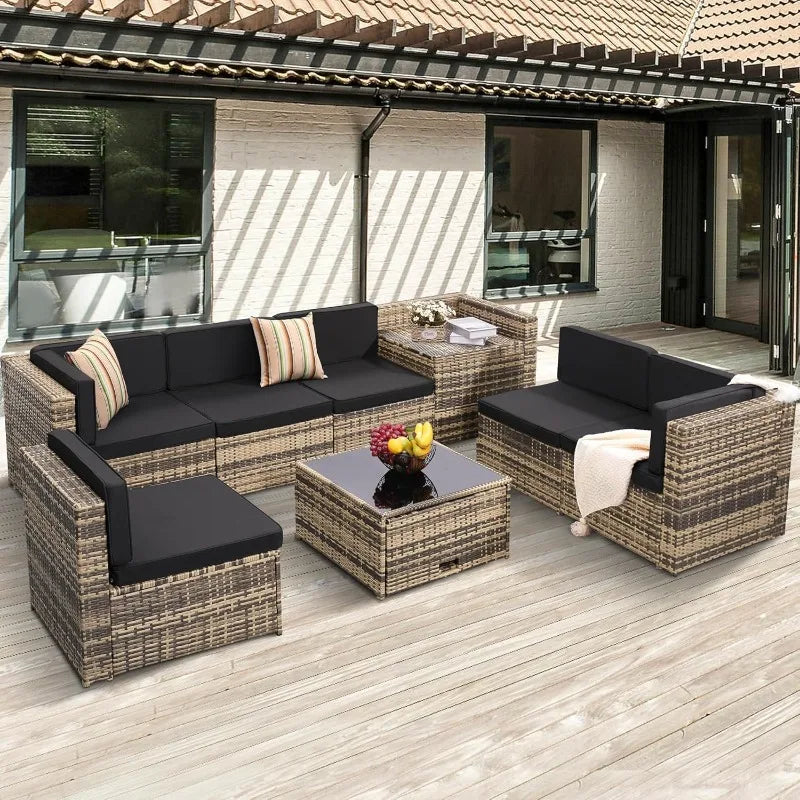 Outdoor Wicker Patio Furniture Set, Glass Table With Hidden Storage