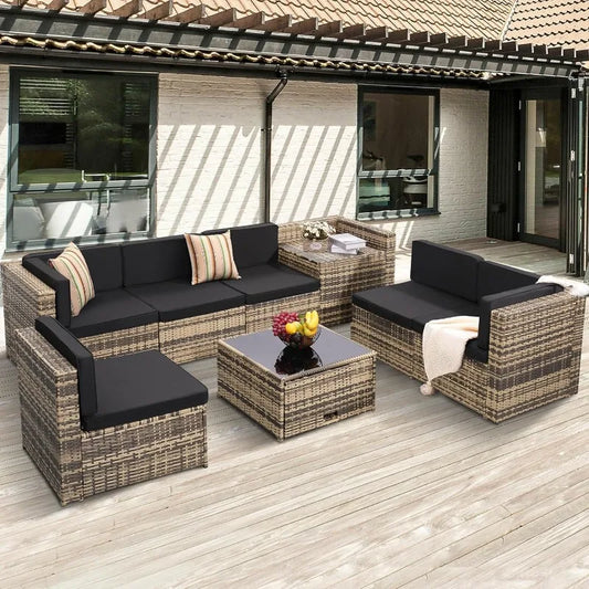 Outdoor Wicker Patio Furniture Set, Glass Table With Hidden Storage