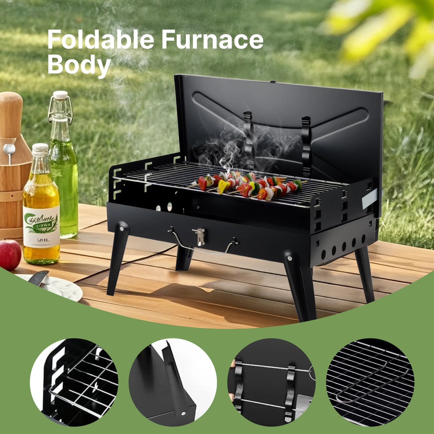 Portable Charcoal Grill, Foldable with Adjustable Heights, Easy to Clean