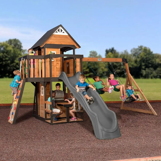 Canyon Creek Cedar Wood Swing Set with Wave Slide, Clubhouse