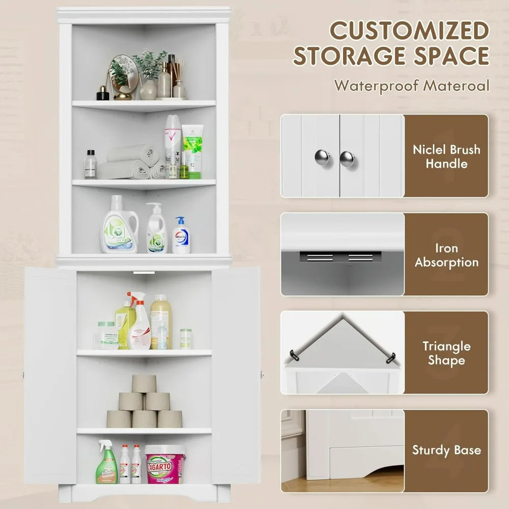 Corner Cabinet, Freestanding Corner Shelf with 2 Doors and 3 Shelves
