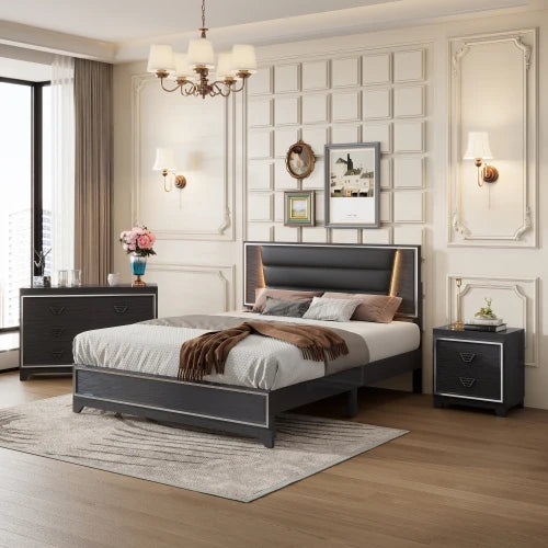 3-Pieces Bedroom Sets Queen Size  Bed with LED Lights, Nightstands and Dresser